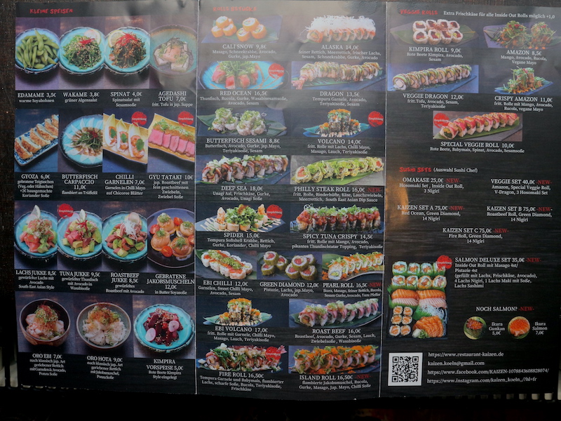 Kaizen Japanese restaurant menu. 