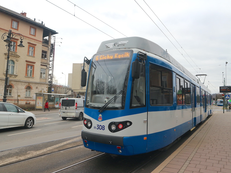 Tram in Krakow Poland. Muzeum Narodowe stop.